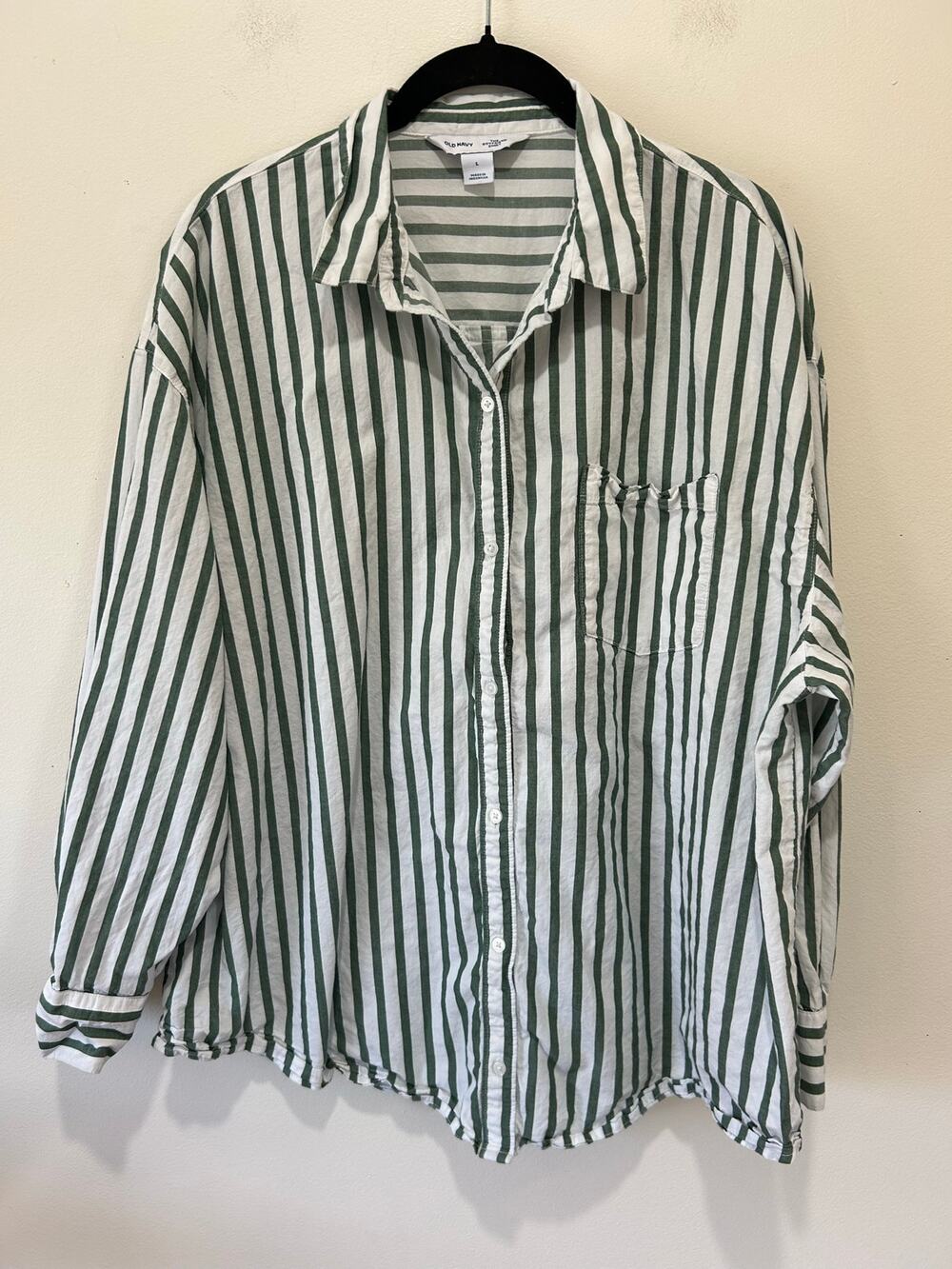 Old Navy The Boyfriend Shirt womens L green striped button down cotton classic